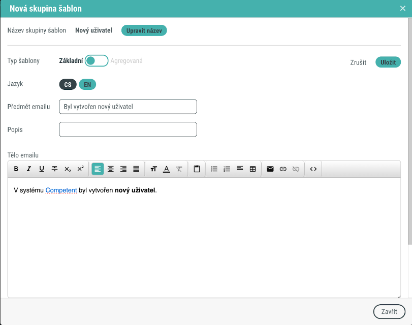 Editace šablony emailů